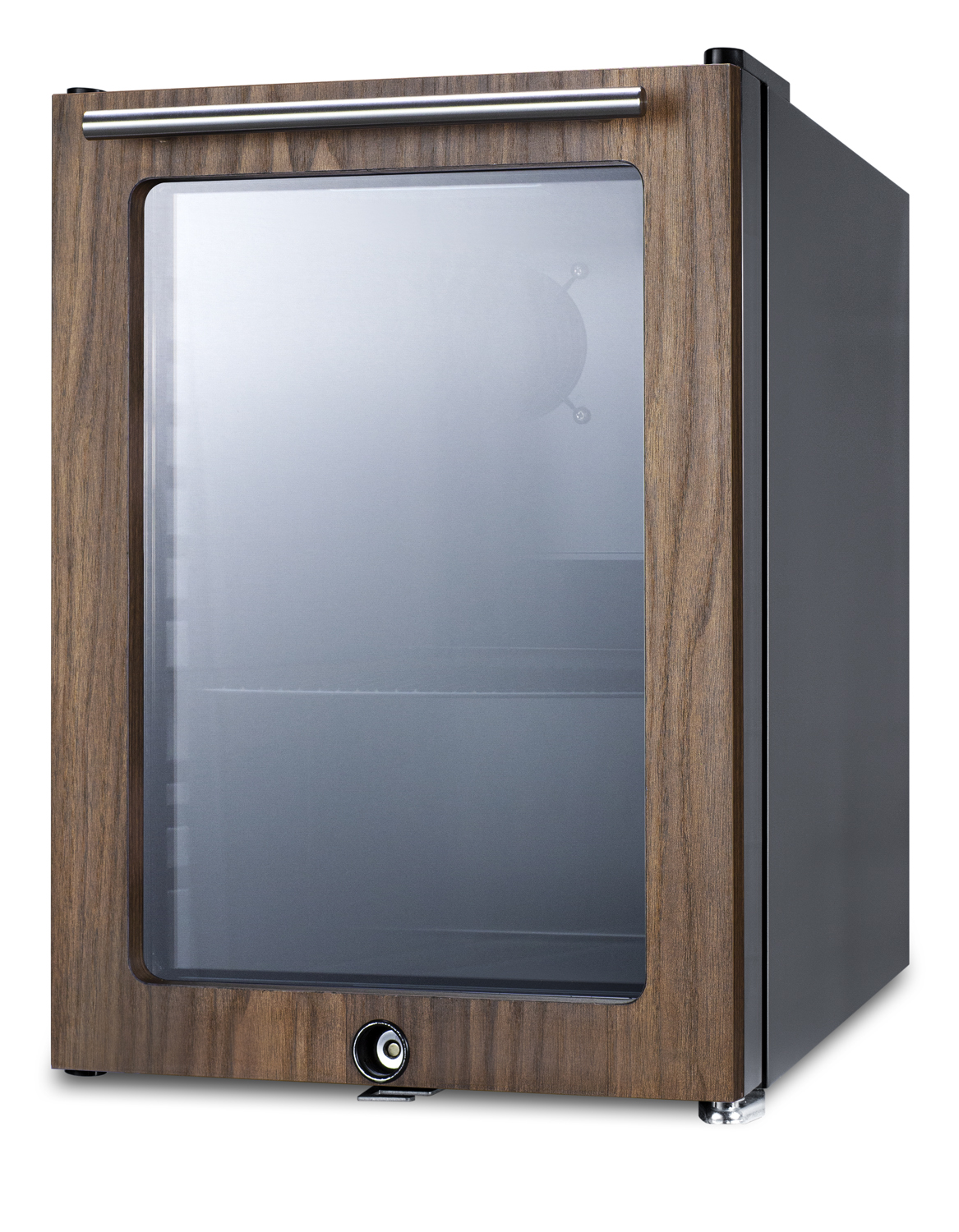 Compact commercial beverage center designed for the display and refrigeration of beverages, with glass door with pre-intalled engineered wood door trim in a walnut finish and black cabinet